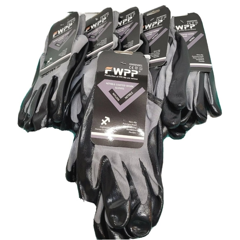 Black Nitrile Coated Work Gloves by FWPP multi use Non‎ Slip, Pack of 6, Large